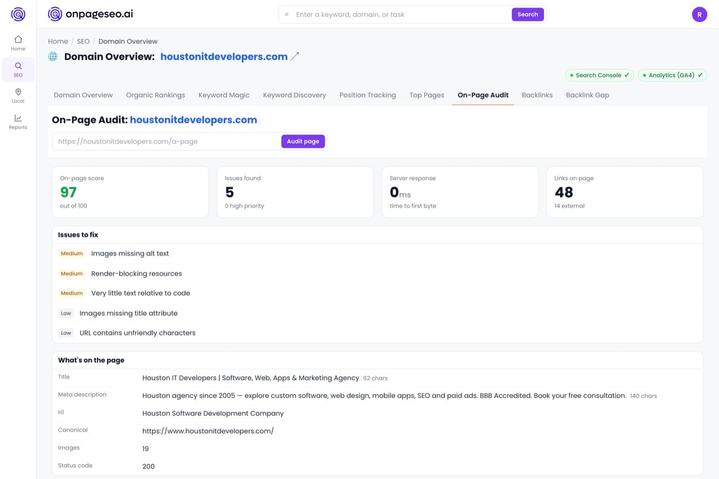 On-Page Audit: a real technical crawl of any page on your site. — product screenshot