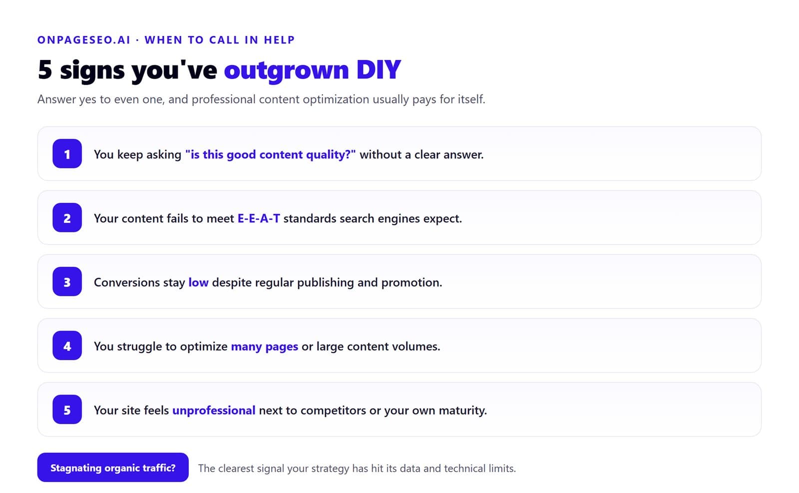Infographic listing five signs you have outgrown DIY content optimization: no clear read on content quality, failing E-E-A-T standards, low conversions despite publishing, struggling to optimize many pages, and a site that feels unprofessional versus competitors.