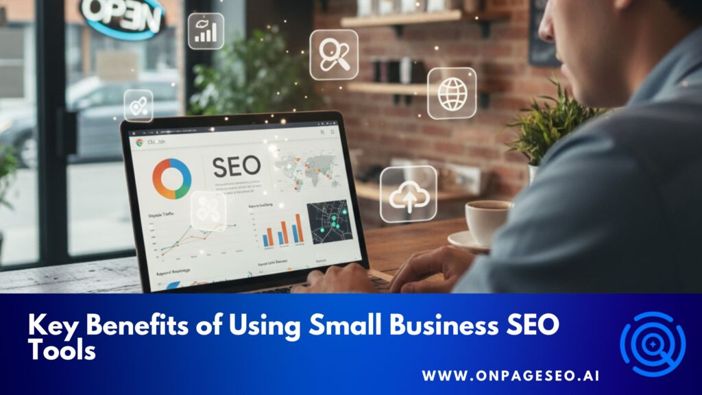 A small business owner in a cozy cafe uses a laptop with an SEO dashboard. Floating icons of SEO tools surround him, highlighting digital marketing.
